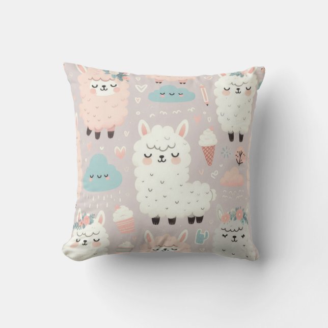 Pastel Cute Alpaca Pattern Throw Pillow (Front)