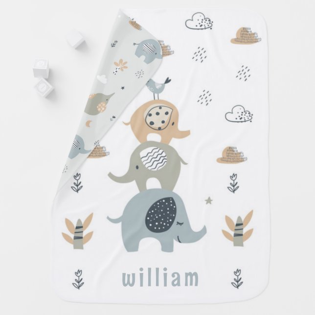 Pastel Cute Baby Elephant Boho Rainbow Custom Name Baby Blanket (In Situ)