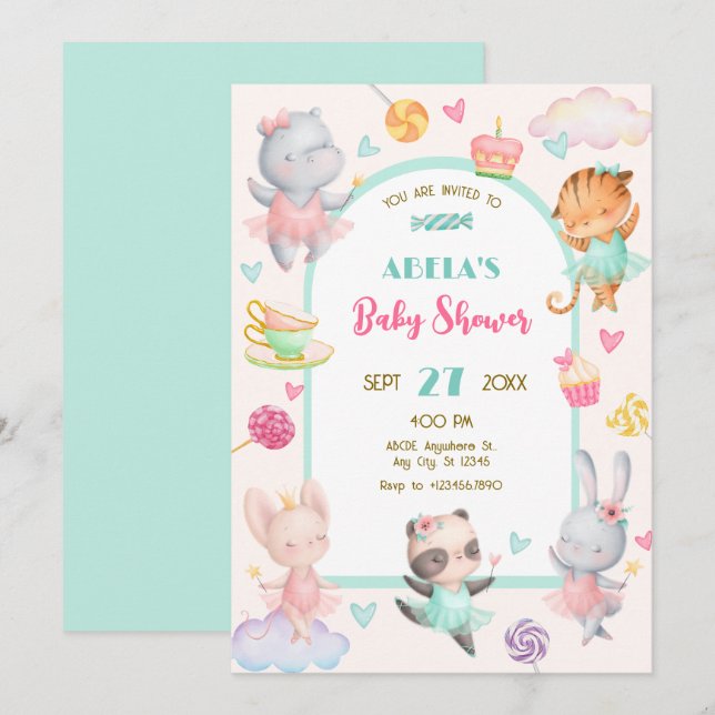 Pastel cute ballerina baby shower invitation (Front/Back)