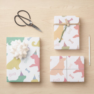 Pastel Cute Dog Birthday Party Silhouette Pattern Wrapping Paper Sheets