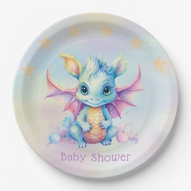 Pastel Cute Dragon Girl Baby Shower Paper Plates (Front)