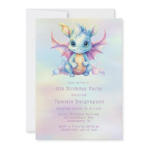 Pastel Cute Dragon Girl Birthday Party Invitation