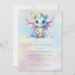 Pastel Cute Dragon Girl Birthday Party Invitation