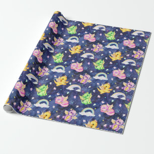 Pastel Cute Dragons And Rainbows Dark Blue Wrapping Paper