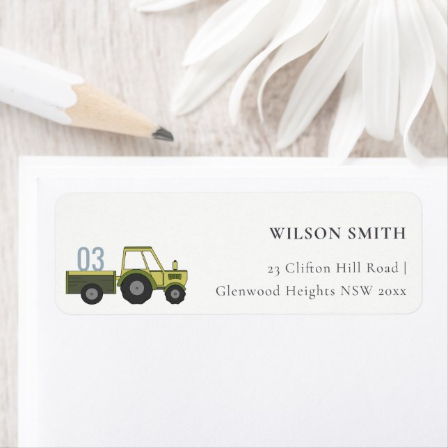 Pastel Cute Green Blue Farm Tractor Kids Address Label (Insitu)