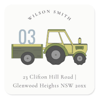 Pastel Cute Green Blue Farm Tractor Kids Address Square Sticker