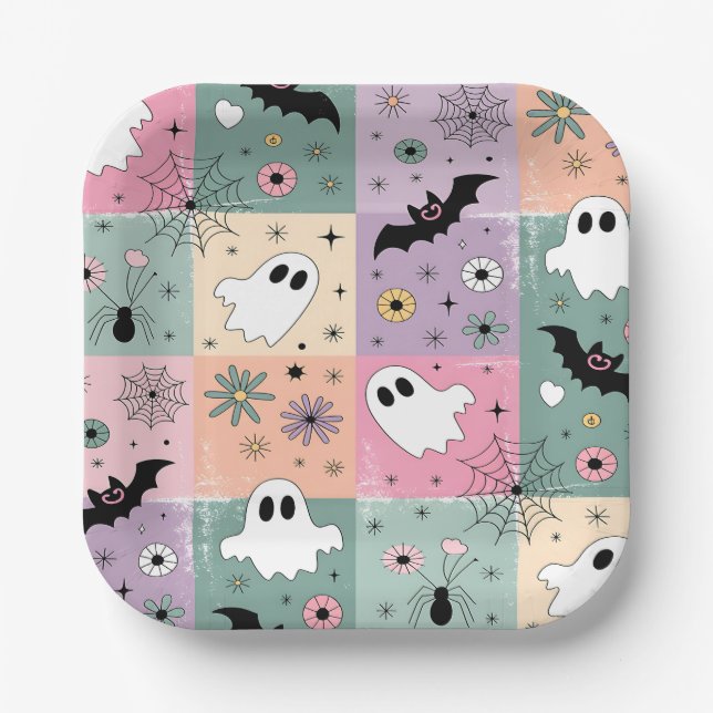 Pastel Cute Halloween Spooky Ghost Checkered Paper Plates (Front)