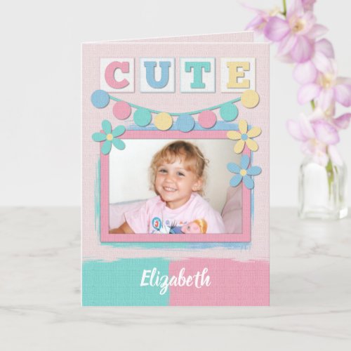 Pastel cute happy birthday with bunting and photo card