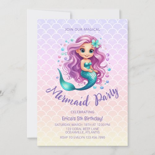 Pastel Cute Mermaid Scales Watercolor Birthday Invitation