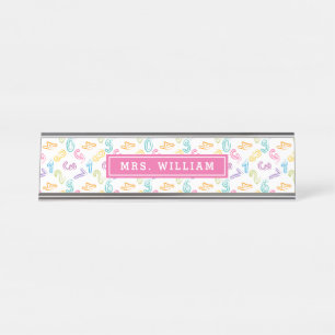 Pastel Cute Numbers Doodle Pink Teacher Name Desk Name Plate