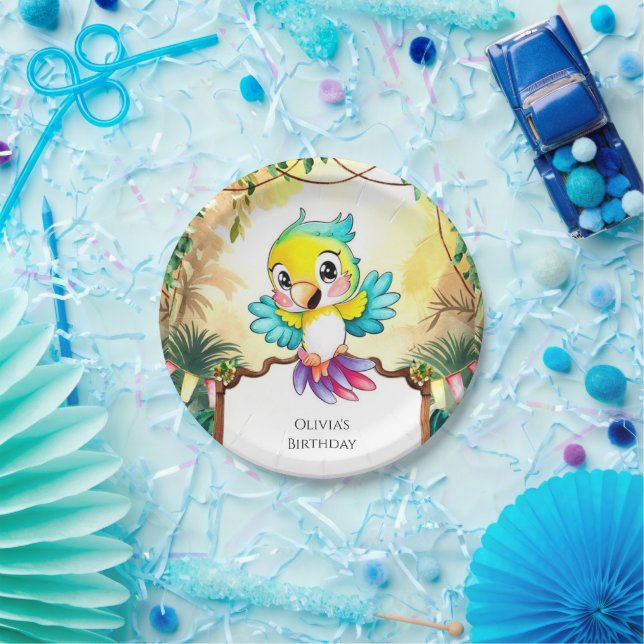 Pastel Cute Parrot Birthday Paper Plates (Party)