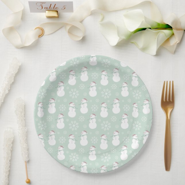 Pastel cute pattern of snowman and snowflakes teal paper plates (Wedding)