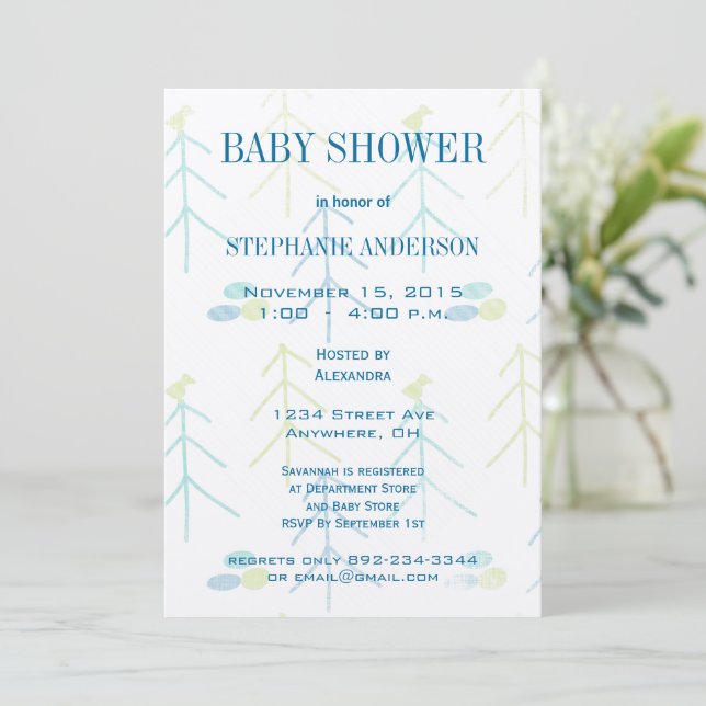 Pastel Cute Pines Bird Baby Boy Shower Invitations (Standing Front)