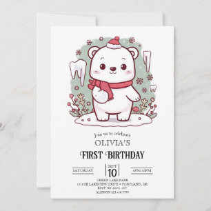 Pastel Cute Polar Bear 1st Birthday Digital Invitation