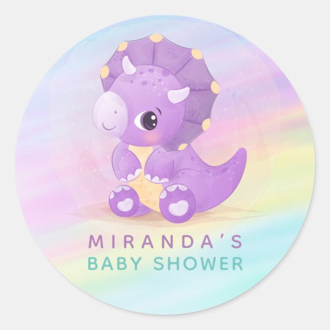 Pastel Cute Purple Dinosaur Baby Shower Classic Round Sticker (Front)