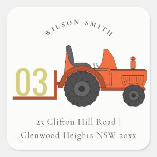 Pastel Cute Red Rust Farm Tractor Kids Address Square Sticker