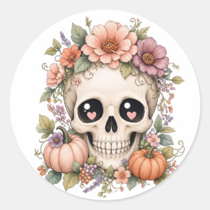 Pastel Cute Skull PNG   Coquette Fall Flowers & Pu Classic Round Sticker