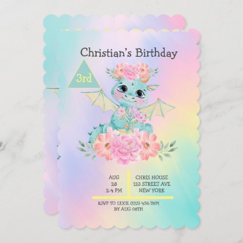 Pastel Cute Teal Dragon Girls Birthday Party Invitation