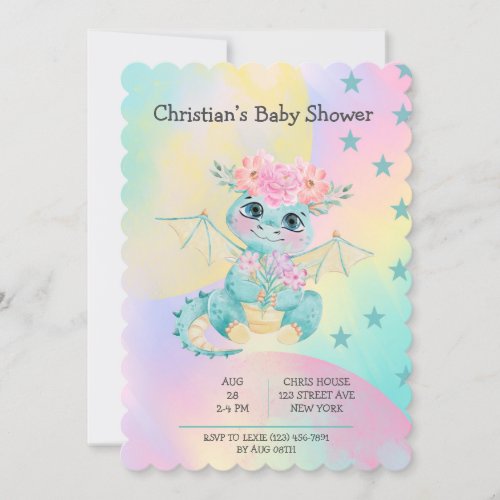 Pastel Cute Teal Dragon Peony Girl Baby Shower Inv Invitation