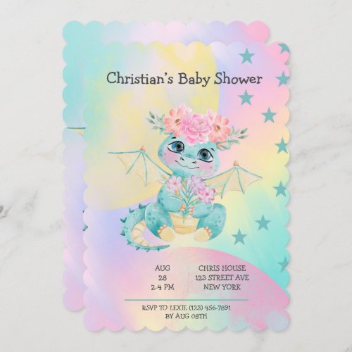 Pastel Cute Teal Dragon Peony Girl Baby Shower Inv Invitation
