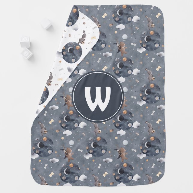 Pastel Cute teddy Bear Bunny in Space Monogrammed Baby Blanket (In Situ)