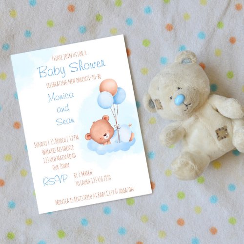 Pastel cute teddy bear with balloons baby shower invitation