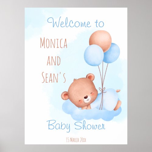 Pastel cute teddy bear with balloons baby shower poster