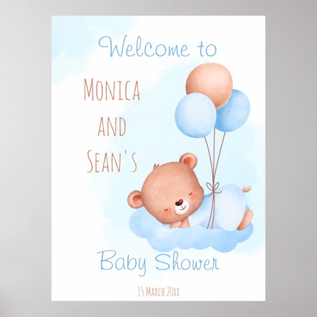 Pastel cute teddy bear with balloons baby shower poster (Front)