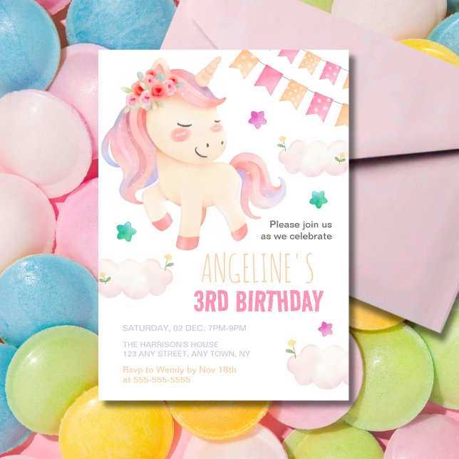 Pastel Cute Unicorn Bunting Flag Girl Birthday  Invitation (Creator Uploaded)