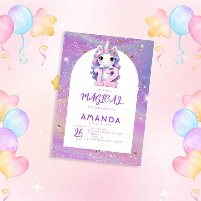 Pastel Cute Unicorn Girl 12th Birthday Invitation (Creator Uploaded)