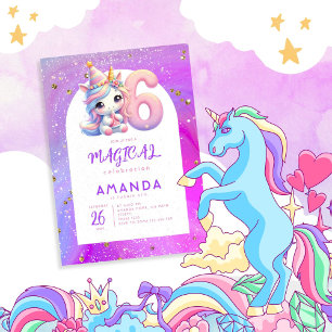 Pastel Cute Unicorn Girl 6th Birthday Invitation