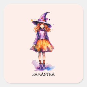 Pastel Cute Witch Girl - Halloween Aesthetic (2) Square Sticker