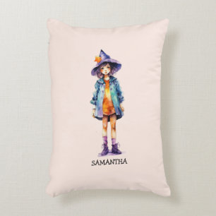 Pastel Cute Witch Girl Halloween Aesthetic Accent Pillow