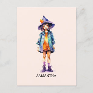 Pastel Cute Witch Girl Halloween Aesthetic  Postcard