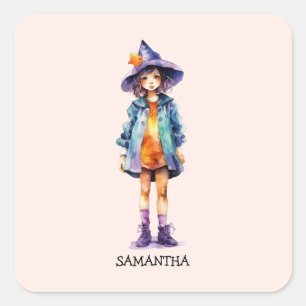 Pastel Cute Witch Girl Halloween Aesthetic Square Sticker