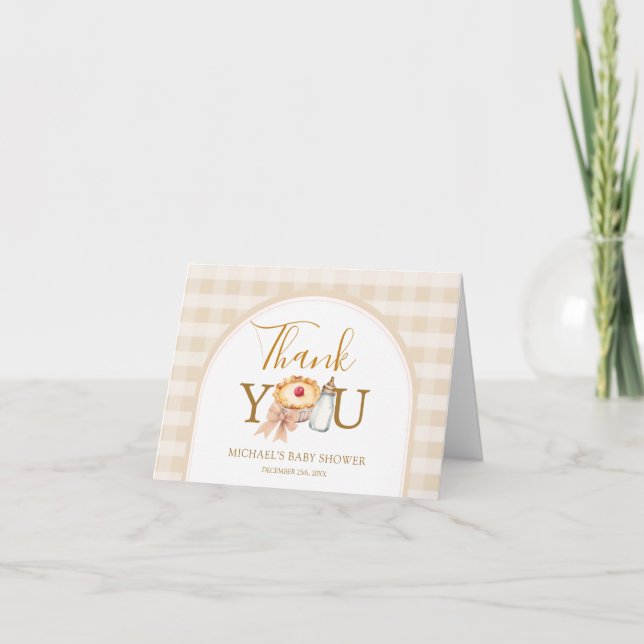 Pastel Cutie Pie Gingham Fall Baby Shower Folded Thank You Card (Front)