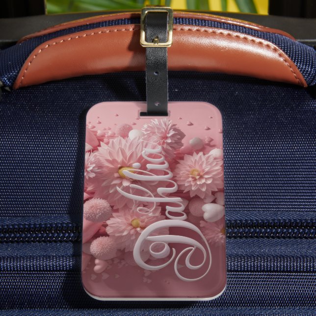 Pastel Dahlia Bloom Art with Hearts Luggage Tag (Front Insitu 2)