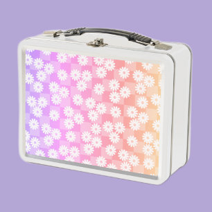 Pastel Daisy Checkerboard Retro Floral Metal Lunch Box