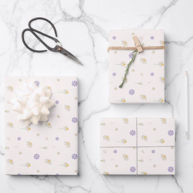 Pastel Daisy Floral Pattern Wrapping Paper Sheets (Front)