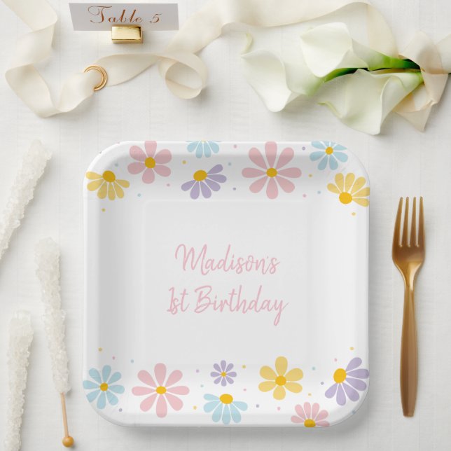 Pastel Daisy Flower Birthday Paper Plates (Wedding)