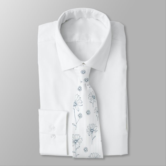 Pastel Daisy Line Art Stripe (2) Neck Tie (Tied)