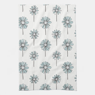 Pastel Daisy Line Art Stripe Kitchen Towel