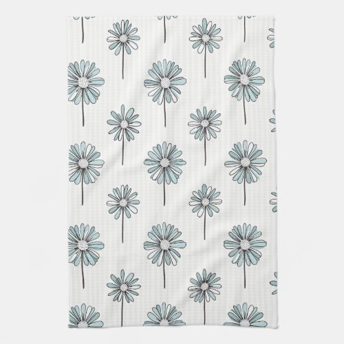 Pastel Daisy Line Art Stripe Kitchen Towel