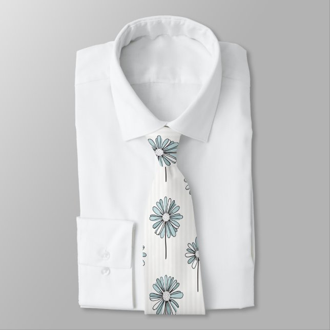 Pastel Daisy Line Art Stripe Neck Tie (Tied)