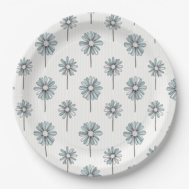 Pastel Daisy Line Art Stripe Paper Plates (Front)