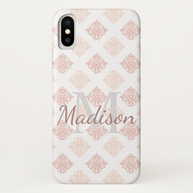 Pastel Damask Blush Pink Cute Initial Name Case-Mate iPhone Case (Back)