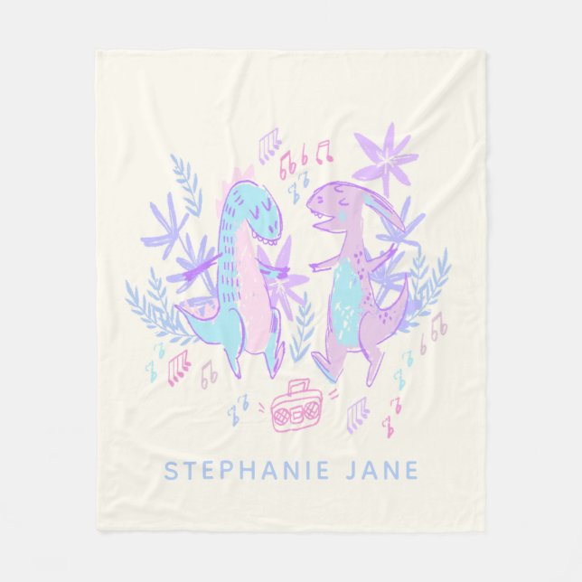 Pastel Dancing Dinosaurs Purple Blue Personalized Fleece Blanket (Front)