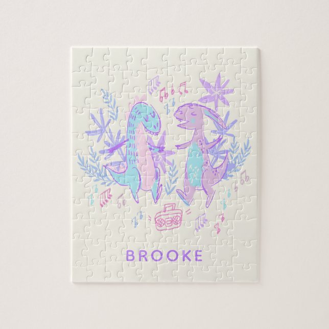 Pastel Dancing Dinosaurs Purple Blue Personalized Jigsaw Puzzle (Vertical)