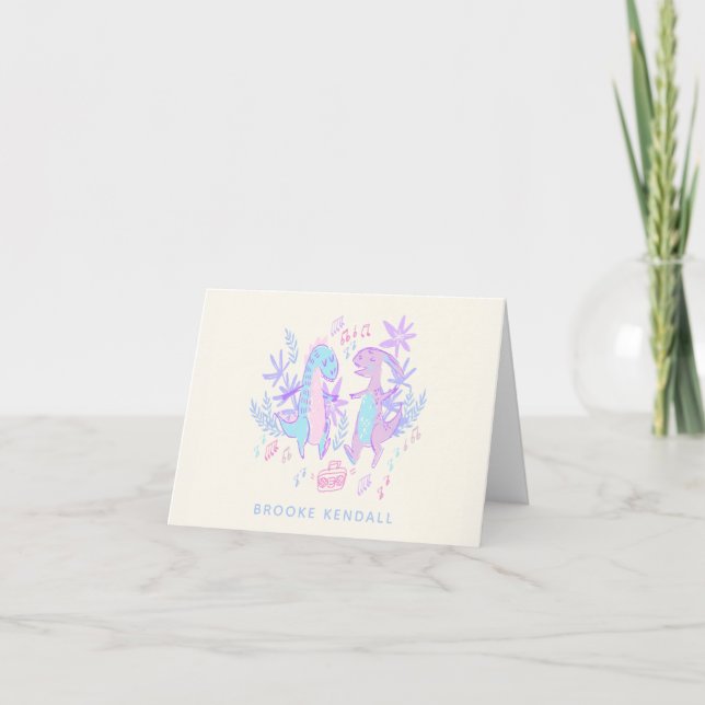 Pastel Dancing Dinosaurs Purple Blue Personalized Note Card (Front)