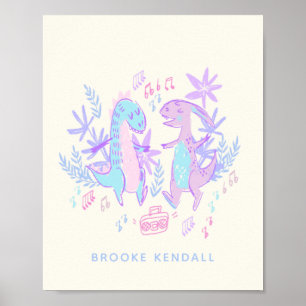 Pastel Dancing Dinosaurs Purple Blue Personalized Poster